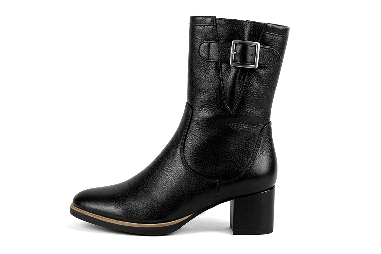 Classic leather ankle boots featuring adjustable side buckles and sleek hardware for secure support and timeless everyday style, in black leather with round toe and mid block heel - Florence KOOIJMAN